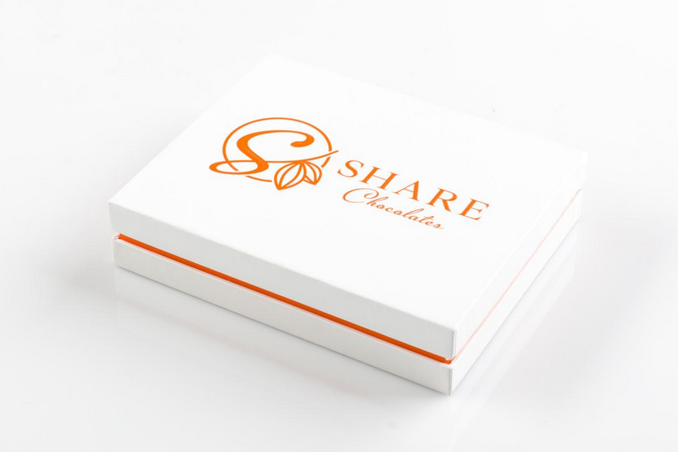 Share Chocolates White and Orange Custom 12 Piece Gift Box Angled View Closed