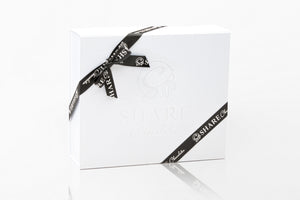 Share Chocolates Pearl White Luxurious Hamper Box wrapped with Black Ribbon