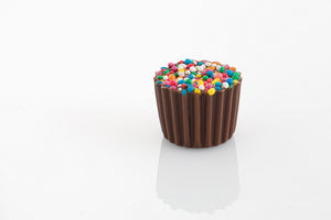 Speckle Cup - Milk couverture chocolate Speckle Cup decorated with rainbow bright 100's and 1000's from Share Chocolates